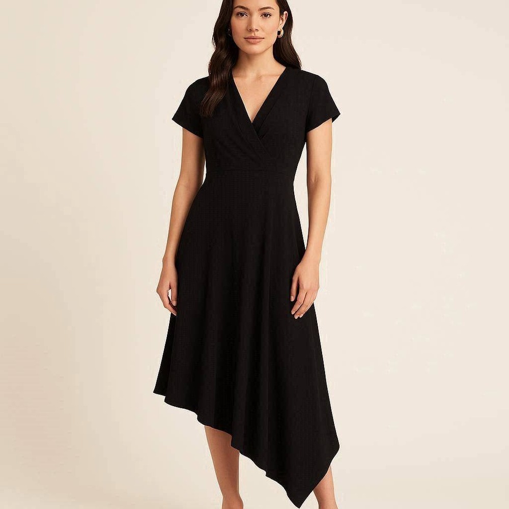 Prologue Black Asymmetrical Handkerchief Hem Wrap V-Neck Midi Dress Small
